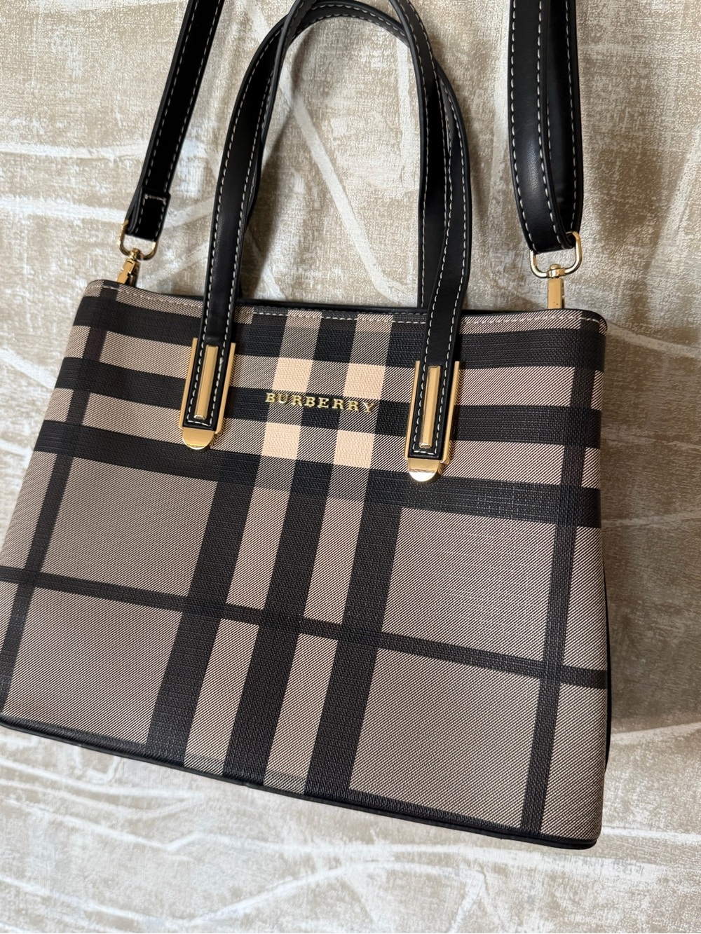 Burberry Taupe and Black Check Satchel with Gold Hardware